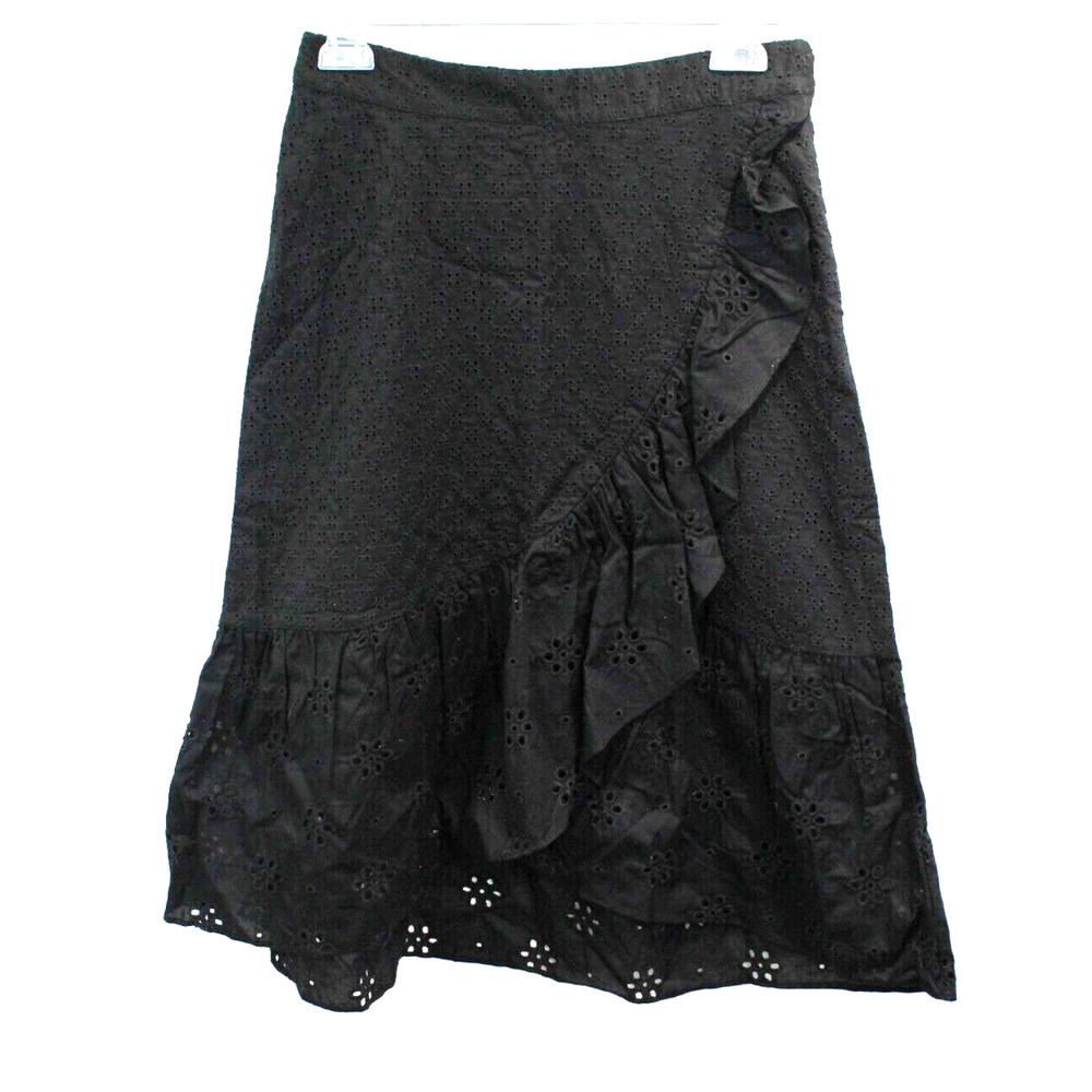 Loft Womens Skirt size 4 Black Lined Eyelet Ruffle High Low Hem Midi Zip